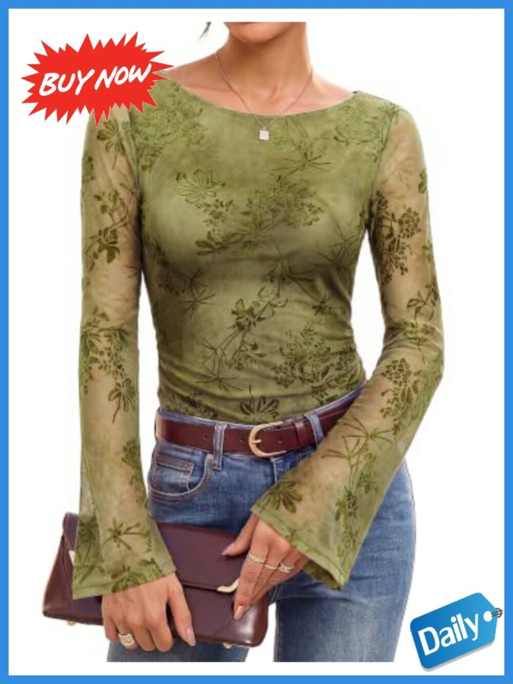 Mesh Bell Sleeve Blouse Boat Neck Long Sleeve Fitted Top